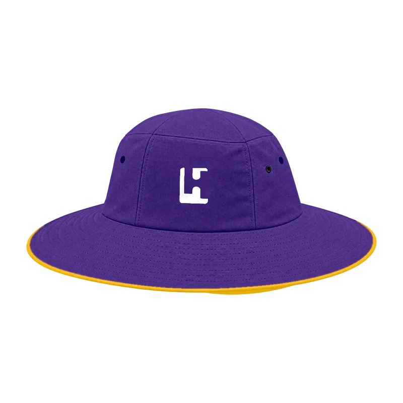 Custom Cricket Wide-brim Hat in Purple / Gold, front
