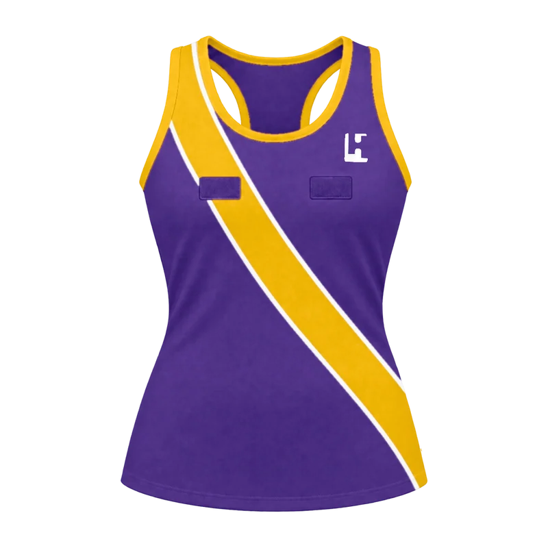 Custom Netball Two-piece in Purple / Gold, front